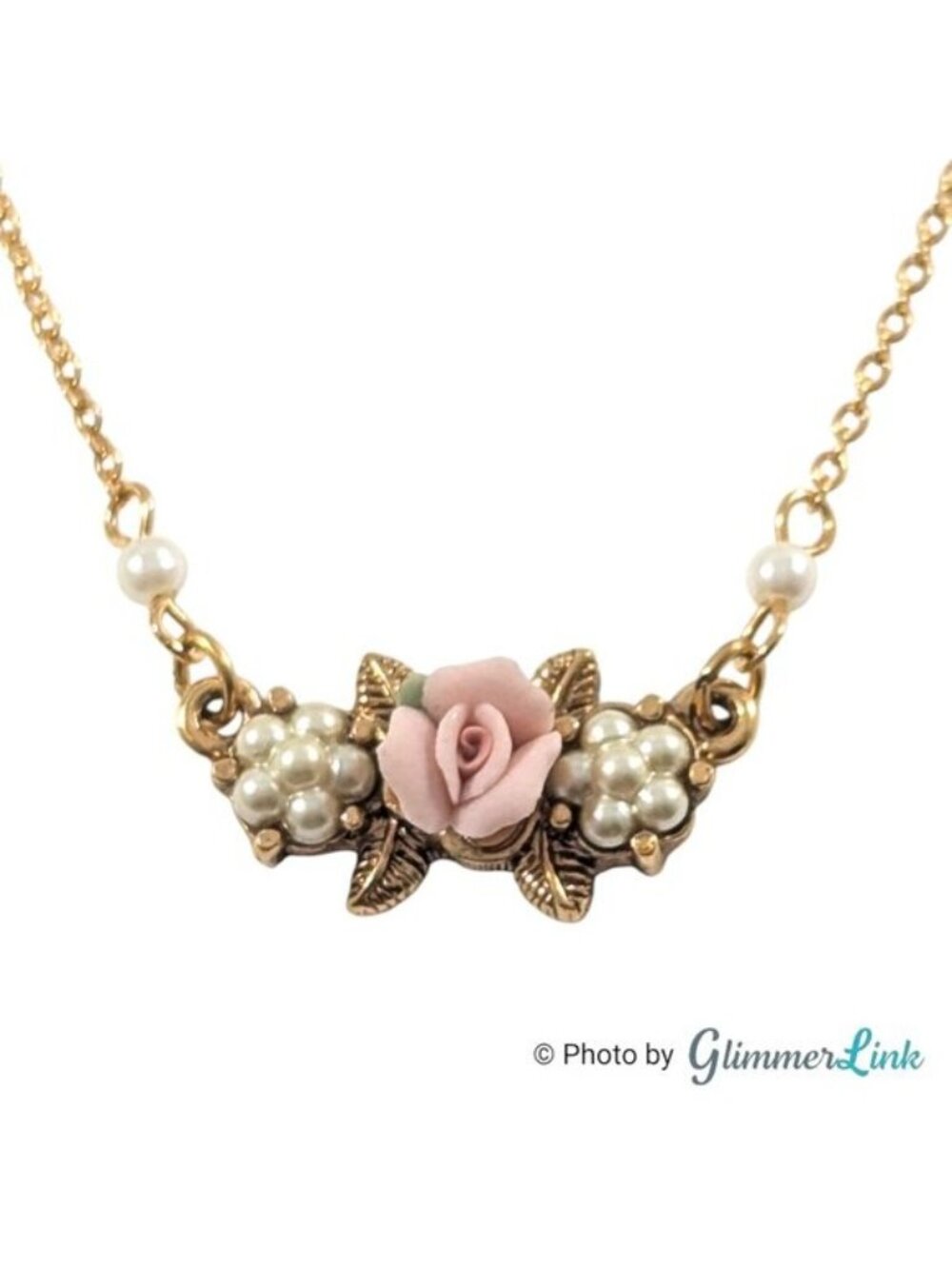 1928 Porcelain Rose Necklace Gold Tone Faux Pearl Station Accents